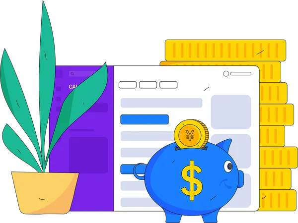 Online saving money in piggy bank  Illustration