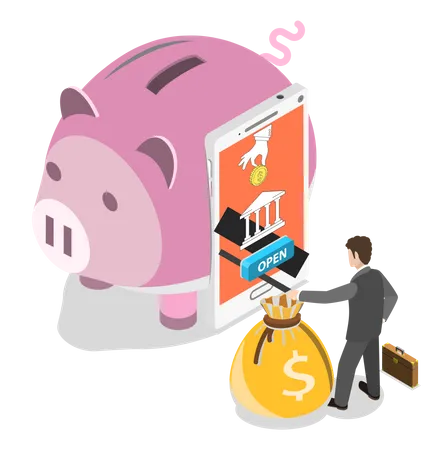 Online Bank Deposit Flat Isometric Vector Concept Smartphone As A Part Of Piggy Bank With Function Of Opening An Online Deposit Businessman Is Standing Around With A Money Bag Illustration