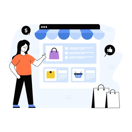An Online Shop Concept With Avatar Standing In Front Of Online Store Illustration
