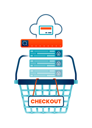 Online shop basket with checkout label  Illustration