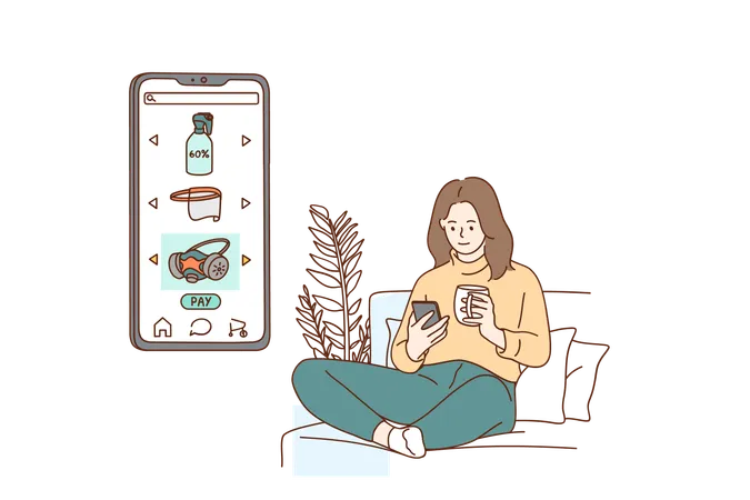 Online Shopping And E Commerce Concept Young Smiling Woman Cartoon Character Sitting On Couch With Smartphone And Purchasing COVID 19 Preventive Products Online From Home Illustration