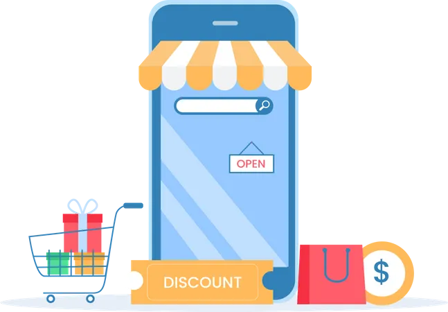 Concept Of Online Shopping At Any Time And Anywhere From Mobile Illustration