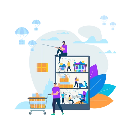 Man With Fishing Rod Sitting On Huge Smartphone Catching Box People Making Online Shopping Goods Delivery Service Man Drive Trolley Parachutes Flying With Boxes Cartoon Flat Vector Illustration Illustration