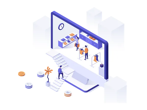 Landing Page With Giant Computer Monitor Or Display With People Buying Goods Inside And Place For Text Online Shopping Internet Retail Modern Isometric Vector Illustration For Advertisement Promo イラスト