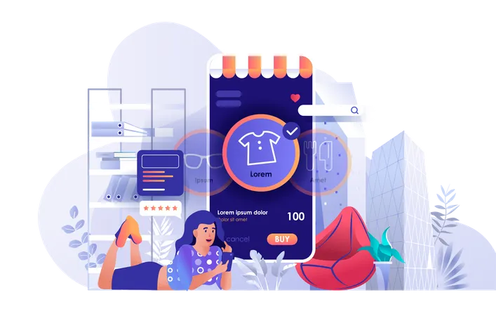 Online Shopping Scene Woman Chooses New Clothes On Store Website Through Mobile Application Sales Discounts Purchases E Commerce Concept Vector Illustration Of People Characters In Flat Design Illustration