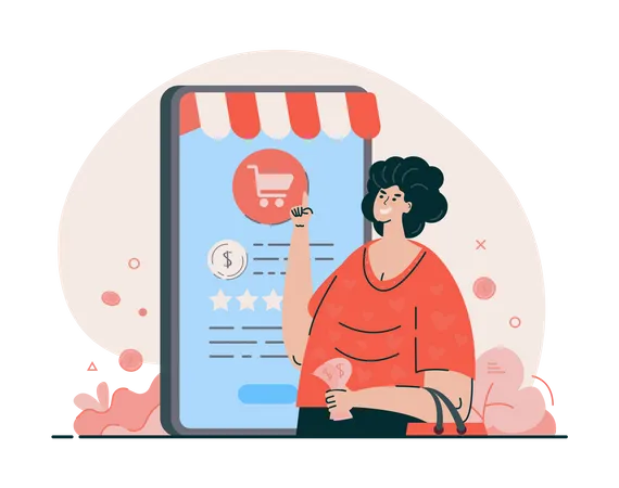 E Commerce And Shopping Concept With A Woman And Online Shopping Apps Illustration For Website Mobile Apps Landing Page Banner And Other Illustration