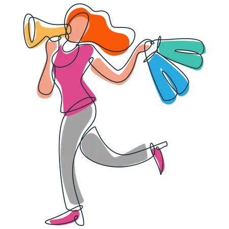 Illustration Of A Happy Woman Holding Shopping Bags And Megaphone This Illustration Can Be Used To Describe Shopping Sale Big Sale Discounts Happy Shopping Great Deals Etc Illustration