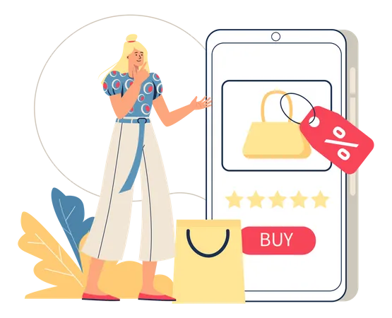 Online Shopping Web Concept Woman Buys In Mobile Application Chooses Goods Buys Profitably With Discounts Mobile Commerce Minimal People Scene Vector Illustration In Flat Design For Website Illustration