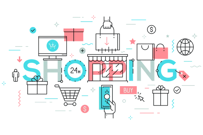 Online And Offline Shopping Electronic Retailers Shops Malls Supermarkets Internet Sales And Discounts Buying Goods Infographic Banner With Elements In Thin Line Style Vector Illustration Illustration