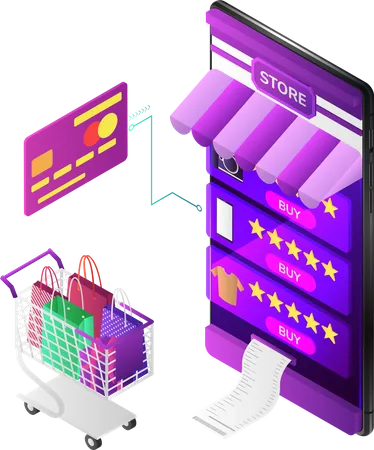 3 D Isometric Web Banner Online Shopping System In The Smartphone With Cart And Credit Card Online Shopping Concept Landing Page Illustration