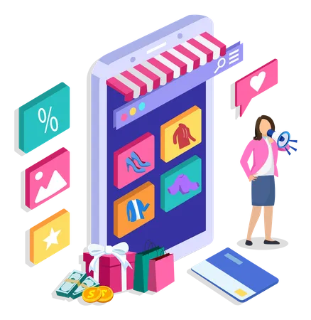 Online Shopping Isometric Concept Mobile Phone With Bags Shopping Illustration