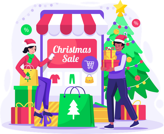Online Shopping and Christmas Sale  일러스트레이션