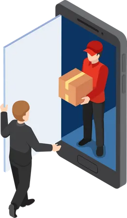 Flat 3 D Isometric Delivery Man Come Out From Smart Phone And Delivering Package Online Shopping And Delivery Concept Illustration