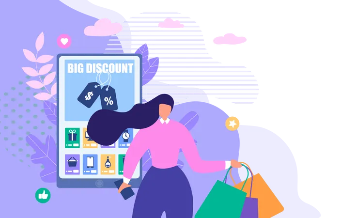 Landing Page Promotes Shopping Online Via Smartphone Internet Store Offering Big Discount Vector Sale Consumerism And People Illustration Cartoon Woman With Handbags Stands Near Huge Phone Screen Illustration