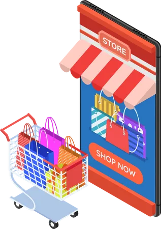 Falt 3 D Isometric Online Store On Smartphone With Cart And Shopping Bag Online Shopping Concept Illustration