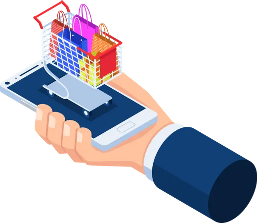 Flat 3 D Isometric Businessman Hand With Shopping Bag And Cart On Smartphone Online Shopping Concept Illustration