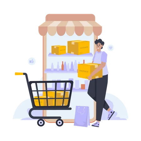 Flat Illustration About Shopping With A Man Adds Product To The Cart Illustration