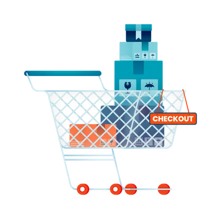 Online shopping cart contains pile of package boxes and checkout sign  Illustration
