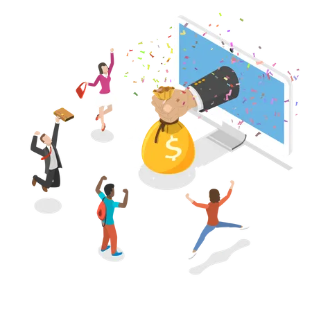 Online Income Flat Isometric Vector Concept Big Hand Is Appeared From The Monitor And Giving A Money Bag To The Rejoicing People Illustration