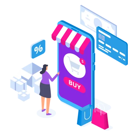 Online Shopping Concept With Character Sale And Consumerism Young Woman Shop Online Using Smartphone Can Use For Web Banner Infographics Hero Images Flat Isometric Vector Illustration Illustration