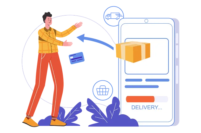 Internet Delivery Service Concept Man Makes Purchase And Receives Order Using Mobile Application People Scene Isolated Fast Shipping Parcel Tracking Vector Illustration In Flat Minimal Design Illustration