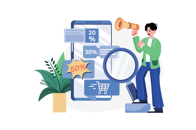 Man Searching Discount On Online Store Illustration