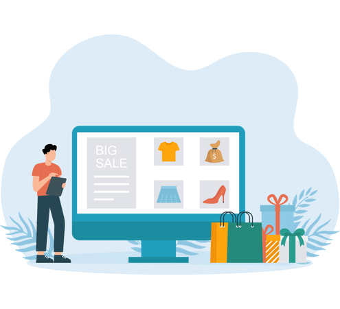 Online Shopping done by man  Illustration