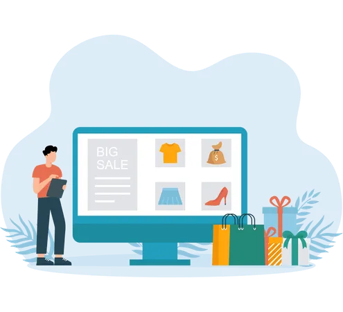 Online Shopping done by man  Illustration