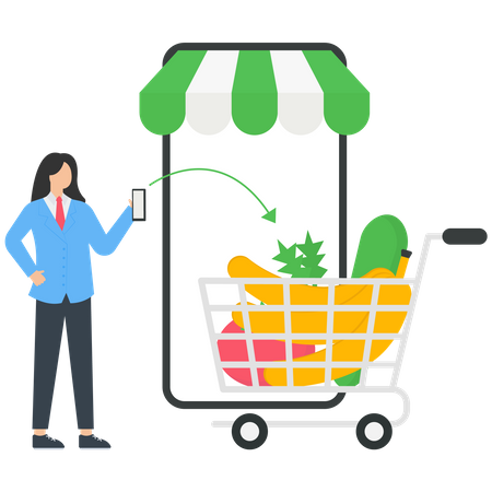 Online shopping, female putting vegetables in shopping basket or trolley  Illustration
