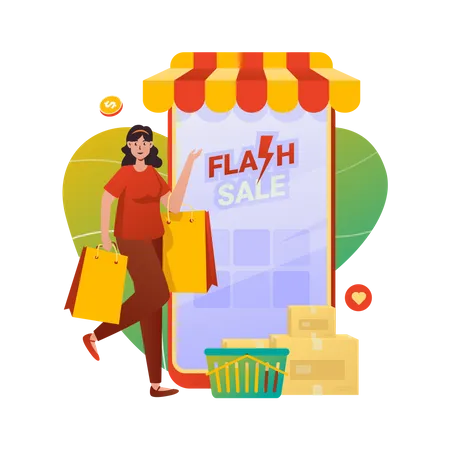 Happy Shopping With Flash Sale Offer Flat Design Illustration
