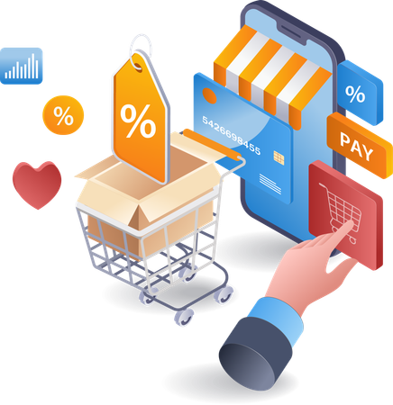 Online shopping in e commerce market  Illustration