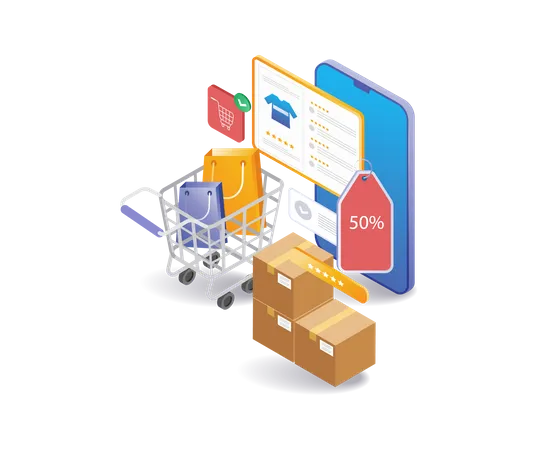Online shopping on e commerce market  Illustration