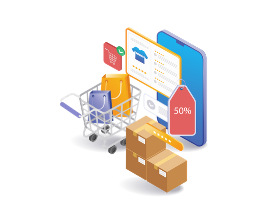 Online shopping on e commerce market  Illustration