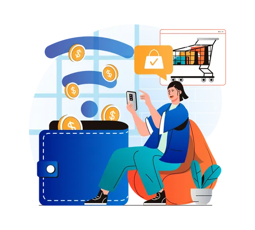 Online Payment Concept In Modern Flat Design Woman Paying For Purchases In Mobile Application And Saving Her Money Customer Using Contactless Payment At Smartphone In Store Vector Illustration Illustration