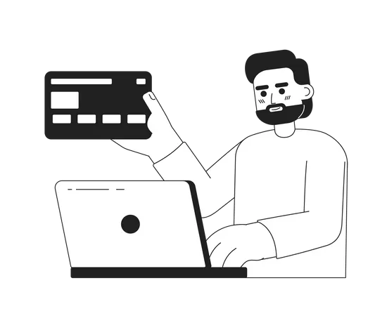 Checkout In Online Store Monochrome Concept Vector Spot Illustration Editable 2 D Flat Bw Cartoon Character For Web UI Design Male Customer With Laptop Card Purchasing Goods Hand Drawn Hero Image Illustration