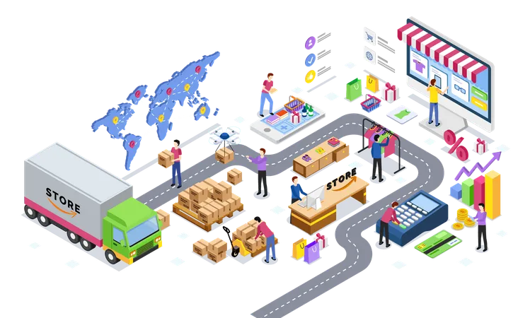 Sell Worldwide On Online Trading Platform In World Vector People Working With Production Business Process Road Of Client Truck With Products Orders Produkt Sell And Delivery World Marketplace Illustration