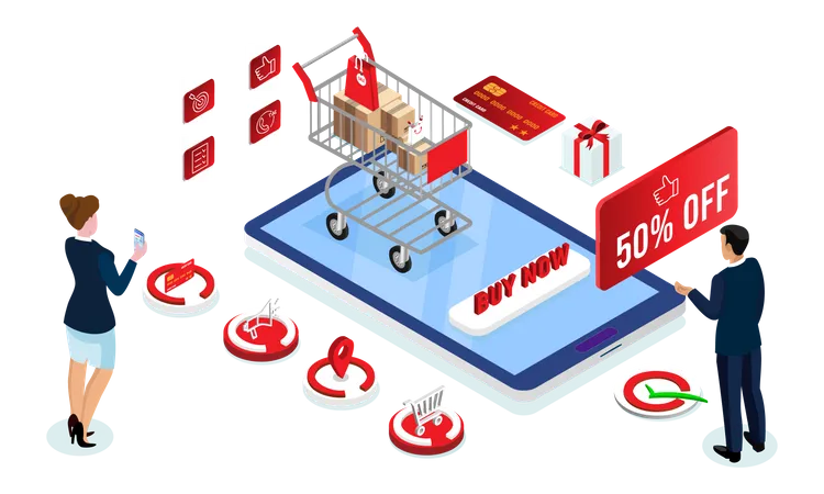 Application Smartphone Mobile And Computer Payments Online Transaction Woman And Man Characters Shopping Online Process On Smartphone Vecter Cartoon Illustration Isometric Design Illustration