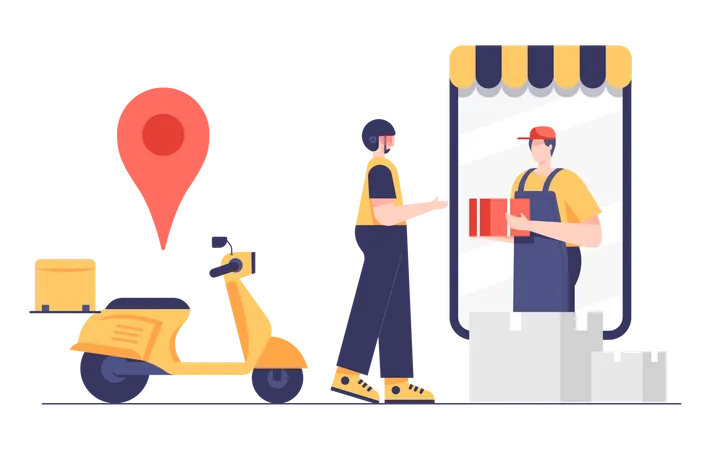 Delivery Boy Picks Up The Parcel From Online Store For Sending To Customer With Location In Application By Motorcycle Vector Illustration Illustration