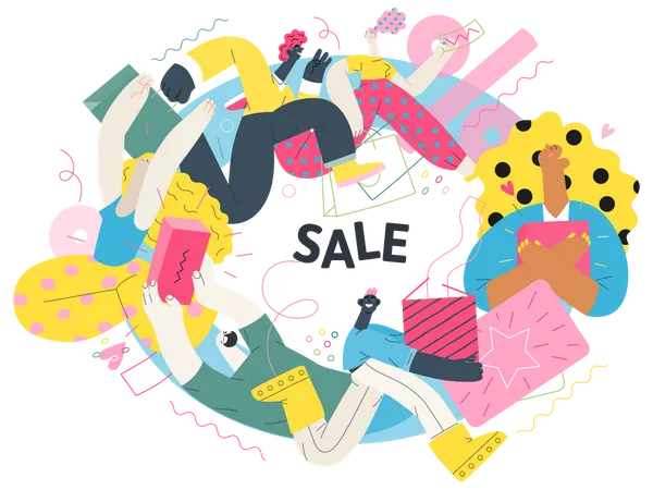 Discounts Sale Promotion Vignette Modern Flat Vector Concept Illustration Of People Crowd Running In The Pursuit Of The Discounts With A Big Percent Sign On The Background Illustration