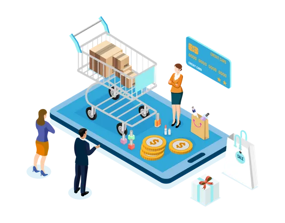 Application Smartphone Mobile And Computer Payments Online Transaction Woman And Man Characters Shopping Online Process On Smartphone Vecter Cartoon Illustration Isometric Design Illustration