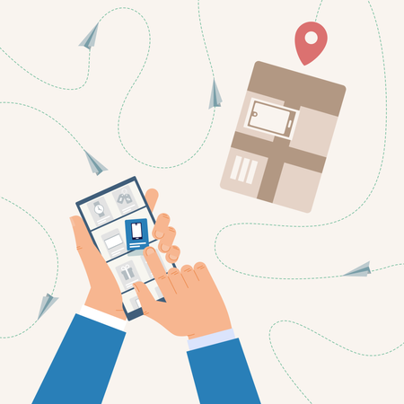 Online shopping, Tracking Delivery Status with Mobile Phone Application  Illustration