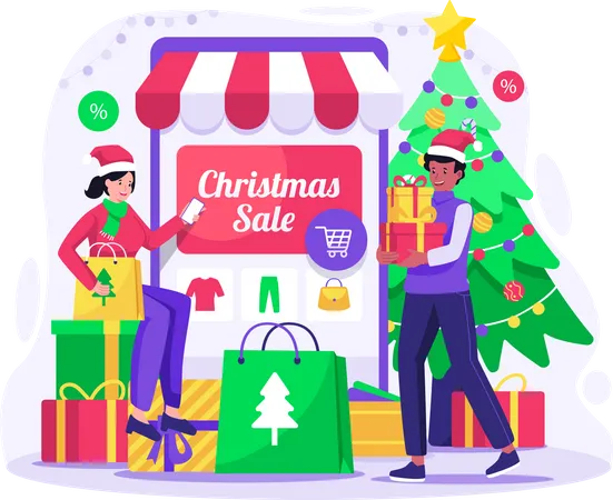Online-Shopping und Weihnachtsverkauf  Illustration