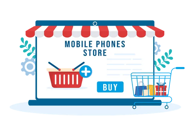 Mobile Phone Store Template Hand Drawn Cartoon Flat Illustration With Phones Models Tablets Gadget Retail Other Devices And Accessories イラスト