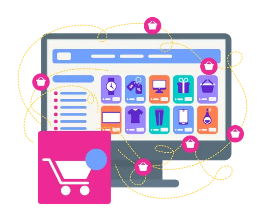 Online shopping website with shopping cart  Illustration