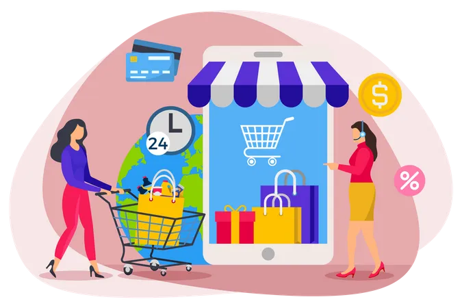 Online shopping with customer support  Illustration