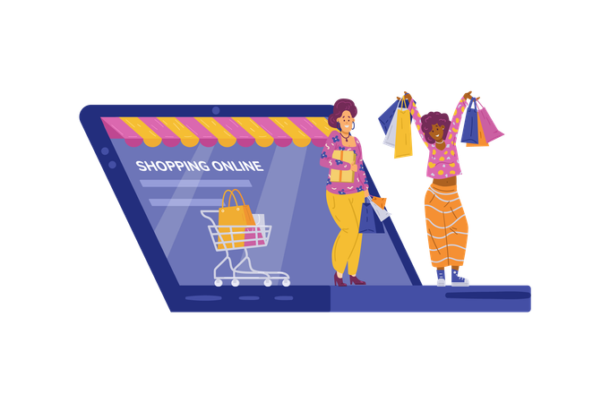 Online shopping with happy buyers  Illustration