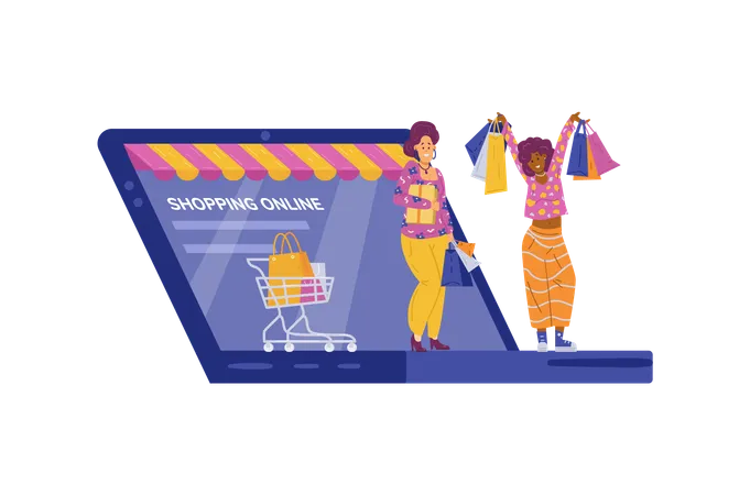 Online shopping with happy buyers  Illustration