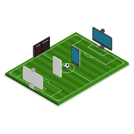 Soccer Online Vector Isometric Concept Soccer Match On Stedium Where Instead Of Player Are Computer Monitors Mobile Phones And Tablets Illustration