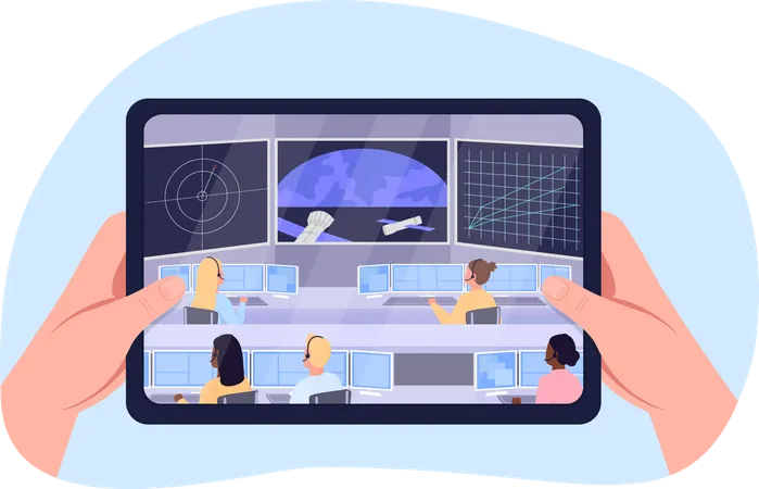 Watching Space Station Video 2 D Vector Isolated Illustration Holding Tablet Flat First View Hands On Cartoon Background Broadcasting Live Translation From Satellite Colourful Scene Illustration