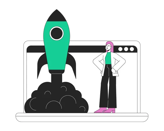 Online Startup Flat Line Concept Vector Spot Illustration Virtual Business Startupper 2 D Cartoon Outline Character On White For Web UI Design Editable Hero Image For Website Landing Mobile Header イラスト